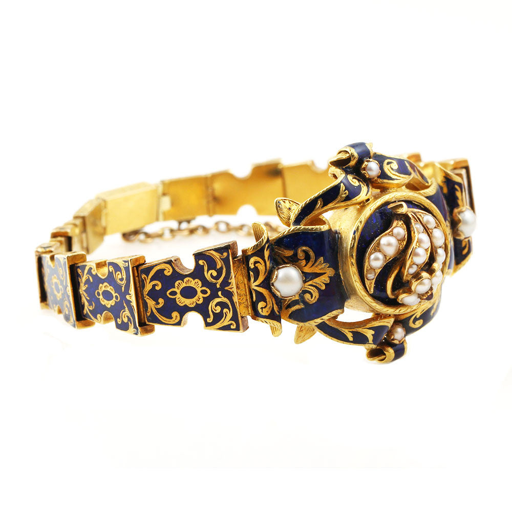 Antique Victorian Era Gold Diamond Enamel Locket Bracelet 