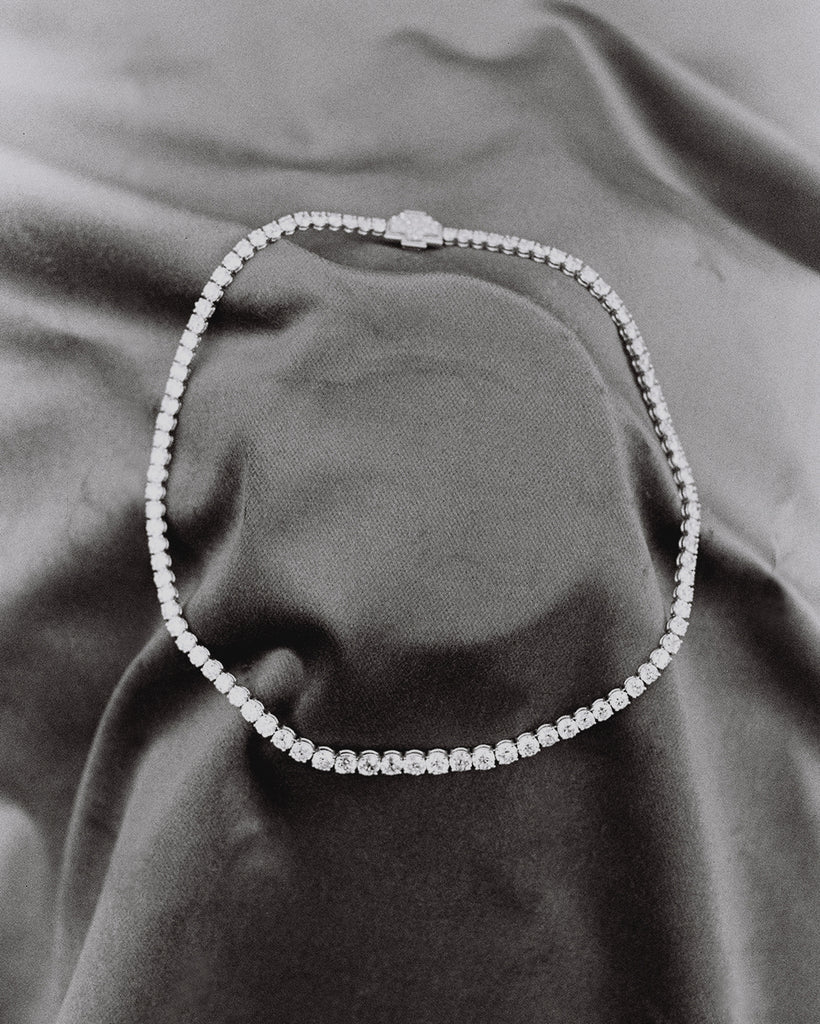 Black and White Photo of our in house Diamond Necklace